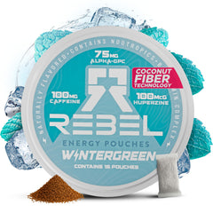 Rebel Supplements Nootropic Energy Wintergreen pouch front view showing pocket-friendly, clean energy on the go.
