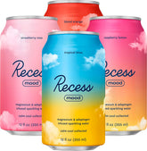 Recess Mood Tropical Bliss can sits on a wooden table, inviting calm focus and evening relaxation.