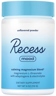 Recess Mood Powder tub front label highlighting calming magnesium blend.