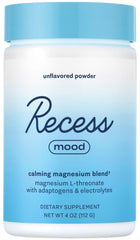 Recess Mood Powder tub front label highlighting calming magnesium blend.