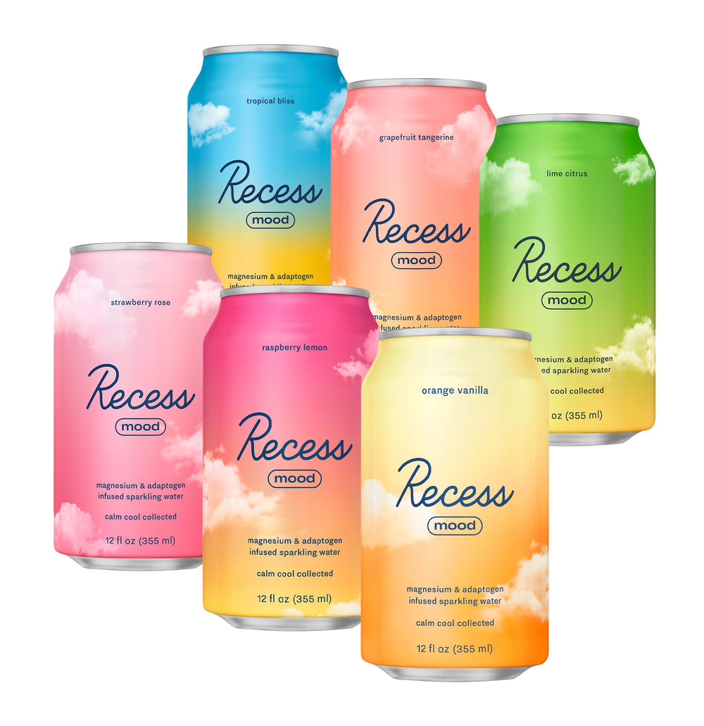 Recess Mood 12oz variety-pack front view promotes easy unwinding with six flavors