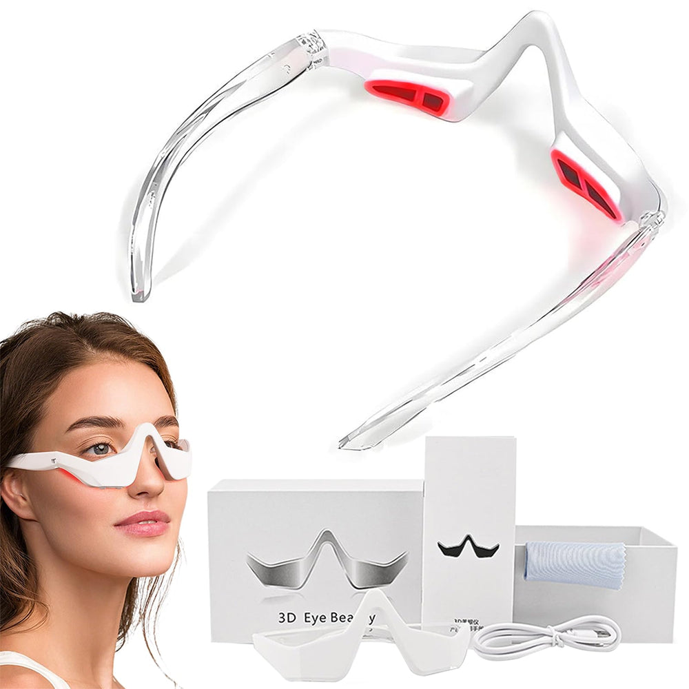 Red light therapy glasses close-up on eyes; may reduce puffiness and brighten look