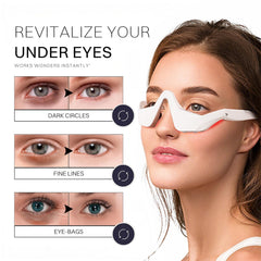 Red light therapy glasses under-eye area view; may soften dark circles and smooth skin