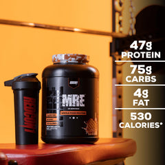 Scoop beside the powder illustrates 47g protein per serving for daily targets.