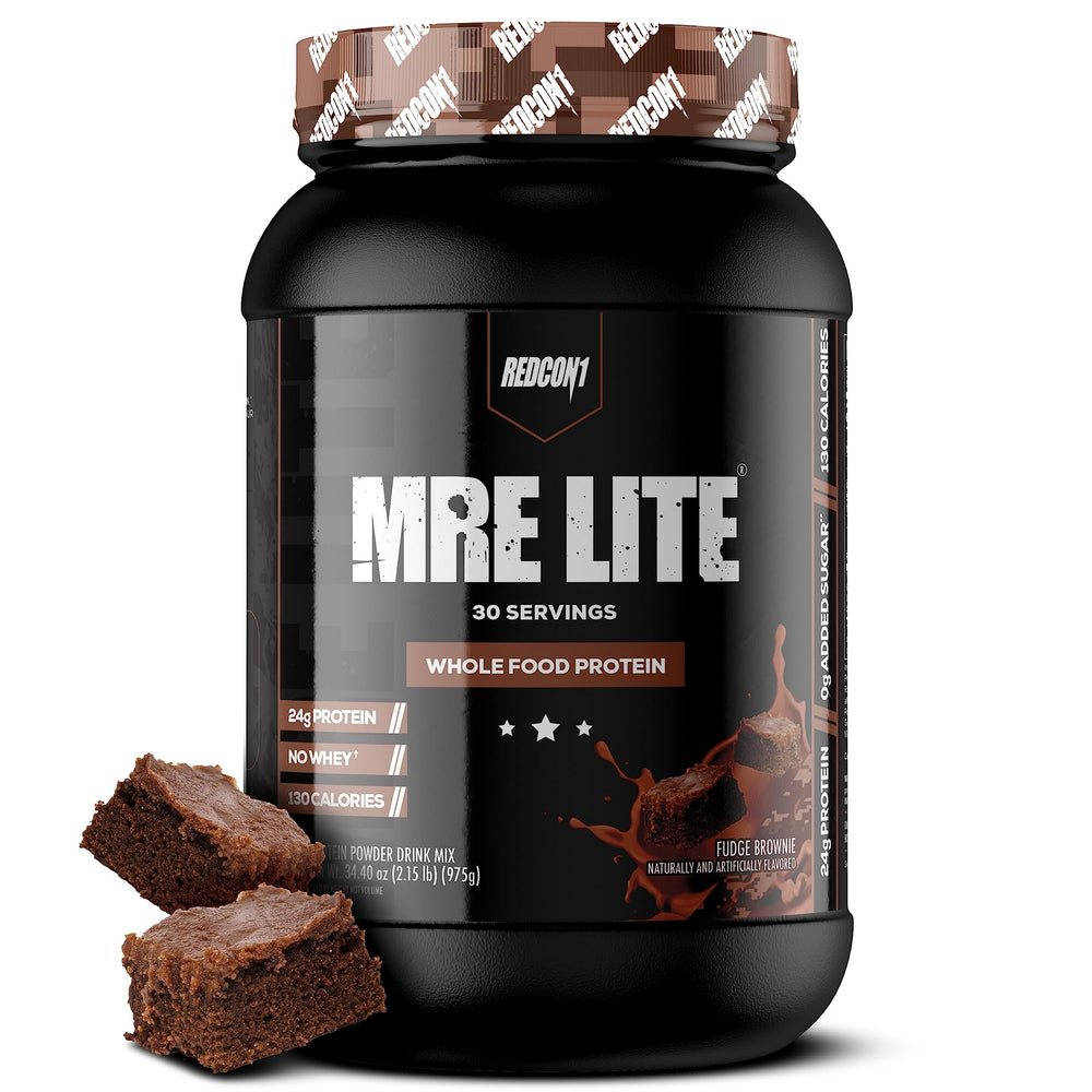 REDCON1 MRE Lite fudge brownie tub—high-protein, low-carb meal option.