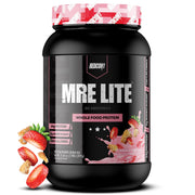 REDCON1 MRE Lite Strawberry Shortcake tub highlighting a high-protein meal replacement for active lifestyles