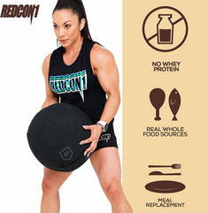REDCON1 MRE Protein ingredients blend showing beef, salmon, chicken, egg, rice, and pea proteins for a complete amino profile