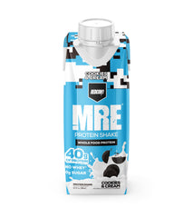 Close-up label of REDCON1 MRE Ready-to-Drink Cookies and Cream showing whole-food protein blend