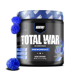 REDCON1 Total War Blue Raspberry bottle highlighting energy-boosting pre workout for focused sessions
