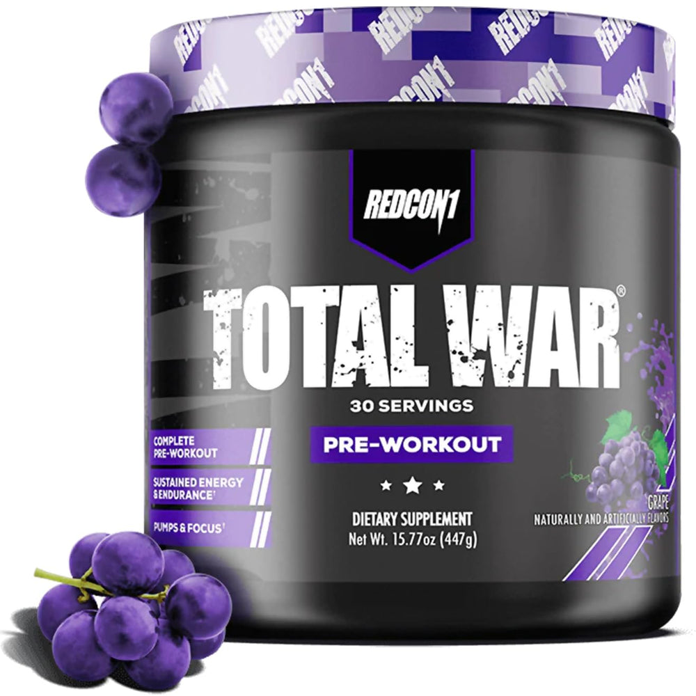 REDCON1 Total War grape powder scoop ready to mix for an energized workout.