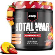REDCON1 Total War pre-workout canister with strawberry mango flavor for intense training.