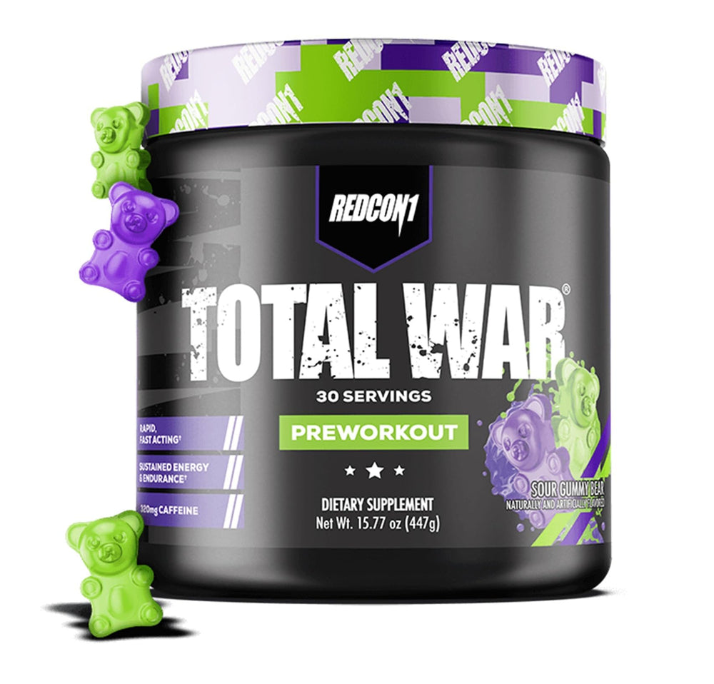 REDCON1 Total War Sour Gummy Bear canister boosts pre-workout energy and focus
