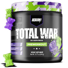 REDCON1 Total War Sour Gummy Bear scoop showing flavor and energy potential for workouts.