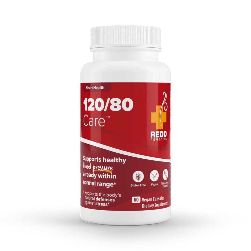 Redd Remedies 120/80 Care bottle label highlighting heart health ingredients and benefits