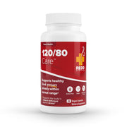 Redd Remedies 120/80 Care bottle label highlighting heart health ingredients and benefits
