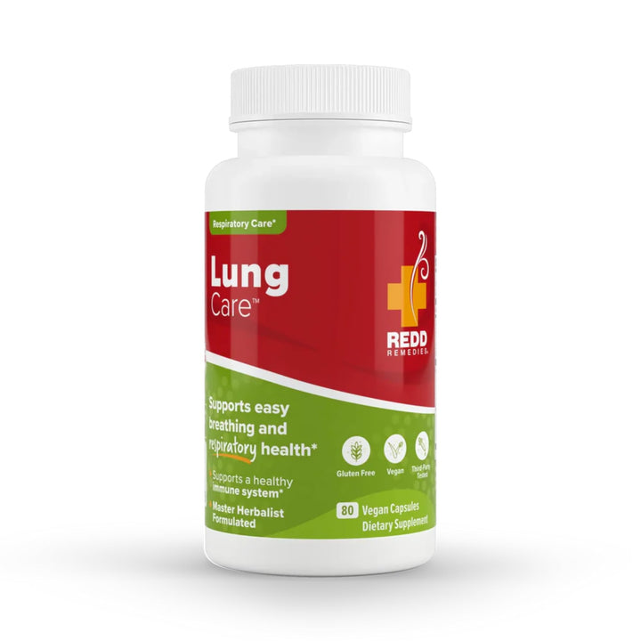 Redd Remedies Lung Care bottle pouring to support easy breathing