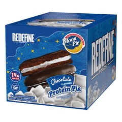 REDEFINE Protein Pie MoonPie Chocolate pack front, convenient 8-count for on-the-go fueling.
