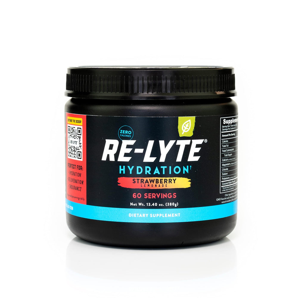 REDMOND Re-Lyte strawberry lemonade powder tub ready for daily hydration.