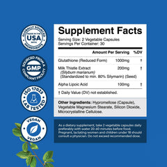 Reduced Glutathione with Milk Thistle capsules close-up highlights the 1000mg dose