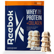 Reebok REEBUILD vanilla ice cream tub showing protein-collagen blend for recovery