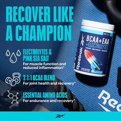 Reebok REECover rocket moon pop label showcases flavored recovery boost after training.