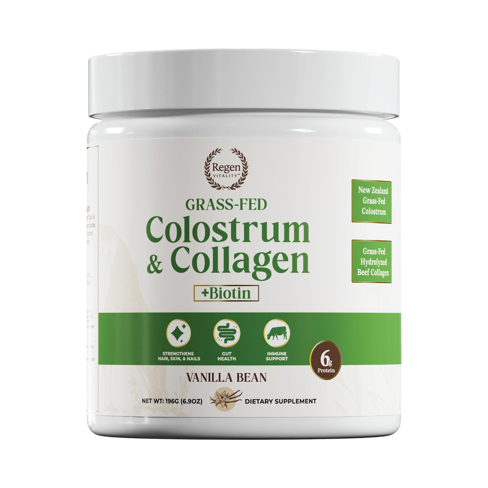 Regen Vitality bottle showing grass-fed colostrum and collagen for gut support.