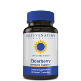 Rejuvenation Therapeutics elderberry capsules bottle: vegan immune-support option for daily wellness.
