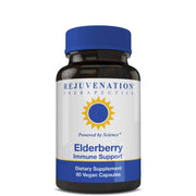 Rejuvenation Therapeutics elderberry capsules bottle: vegan immune-support option for daily wellness.