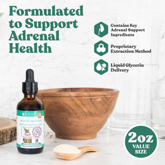 Closeup of Rejuvica Health Active Adrenal bottle highlighting premium tincture ingredients.