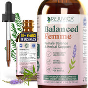 Rejuvica Health Balanced Femme bottle shows a natural, alcohol-free liquid formula for daily balance.