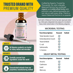 Rejuvica Health Balanced Femme liquid being poured conveys clean flavor and smooth intake.
