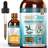 Rejuvica Health IntestiClear liquid bottle offers convenient alcohol-free support