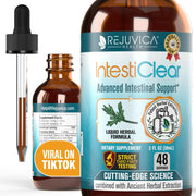 Rejuvica Health IntestiClear liquid bottle offers convenient alcohol-free support