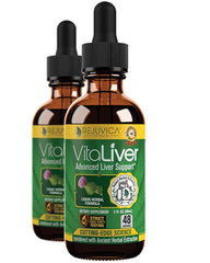 Rejuvica Health VitaLiver bottle pour demonstrates easy, drinkable liquid support for daily liver care.