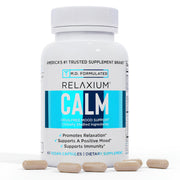 Relaxium Calm bottle front with capsules for stress relief and mood support.