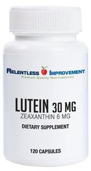 Relentless Improvement lutein bottle shows high potency eye support formula.
