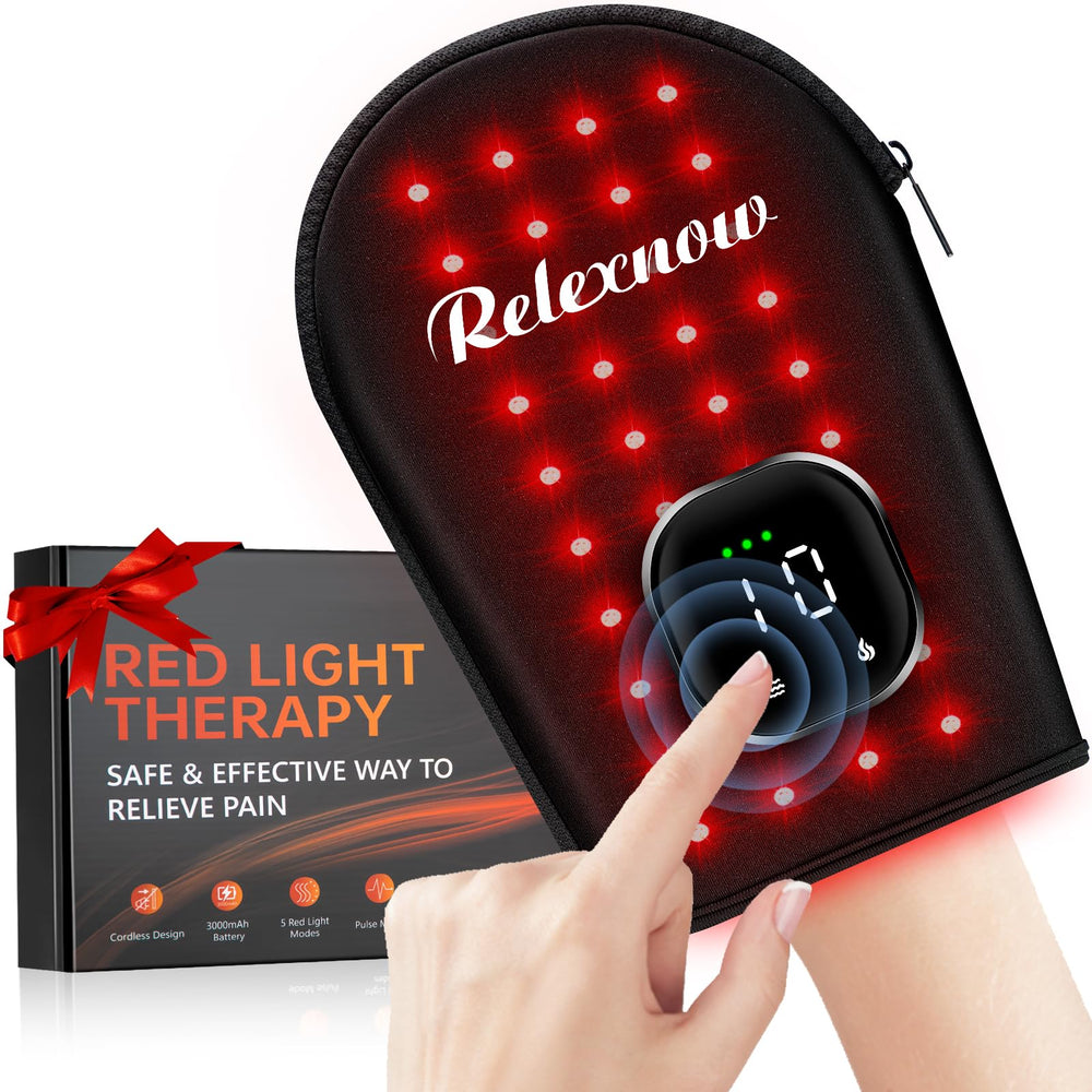 RELEXNOW cordless red light glove front view covers the hand for targeted therapy