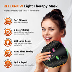 RELEXNOW face mask highlighting red light at 630nm for potential glow.