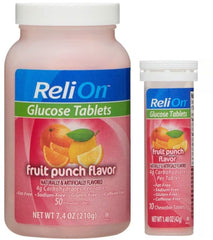 ReliOn Glucose bottle with 50 tablets, a convenient energy boost for on-the-go days.