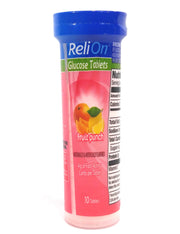 ReliOn glucose fruit punch tablets, small chews for quick energy.