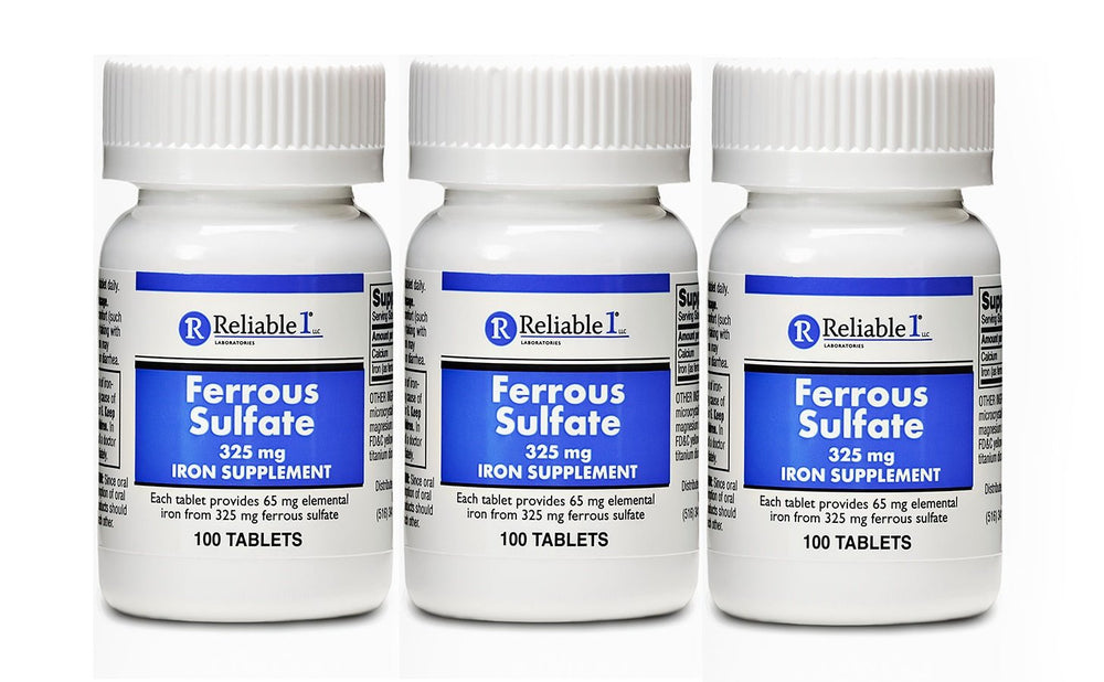 Reliable-1 Ferrous Sulfate iron tablets bottle front for daily iron support.