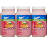 Relion glucose tablets fruit punch three-pack bottles, ideal for on-the-go energy
