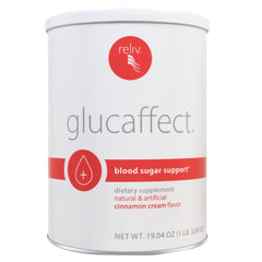RELIV GlucAffect bottle pour showing easy daily dosing for balanced dextrose support.