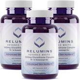 Relumins 1650mg Glutathione bottle highlighting hydration and antioxidant support.