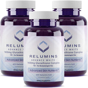 Relumins 1650mg Glutathione bottle highlighting hydration and antioxidant support.