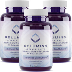 Relumins 1650mg Glutathione bottle highlighting hydration and antioxidant support.