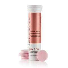 Relumins Gluta C Fizz bottle on a clean surface ready for daily use to support skin glow.