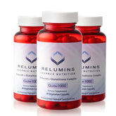 Relumins L-Glutathione 1000mg bottle front shows premium vegan capsules for skin support