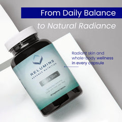 Relumins Glutathione capsules open packaging suggests three month supply and simple usage