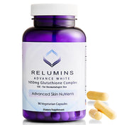 Relumins L-Glutathione Complex bottle highlights antioxidant support for daily wellness.